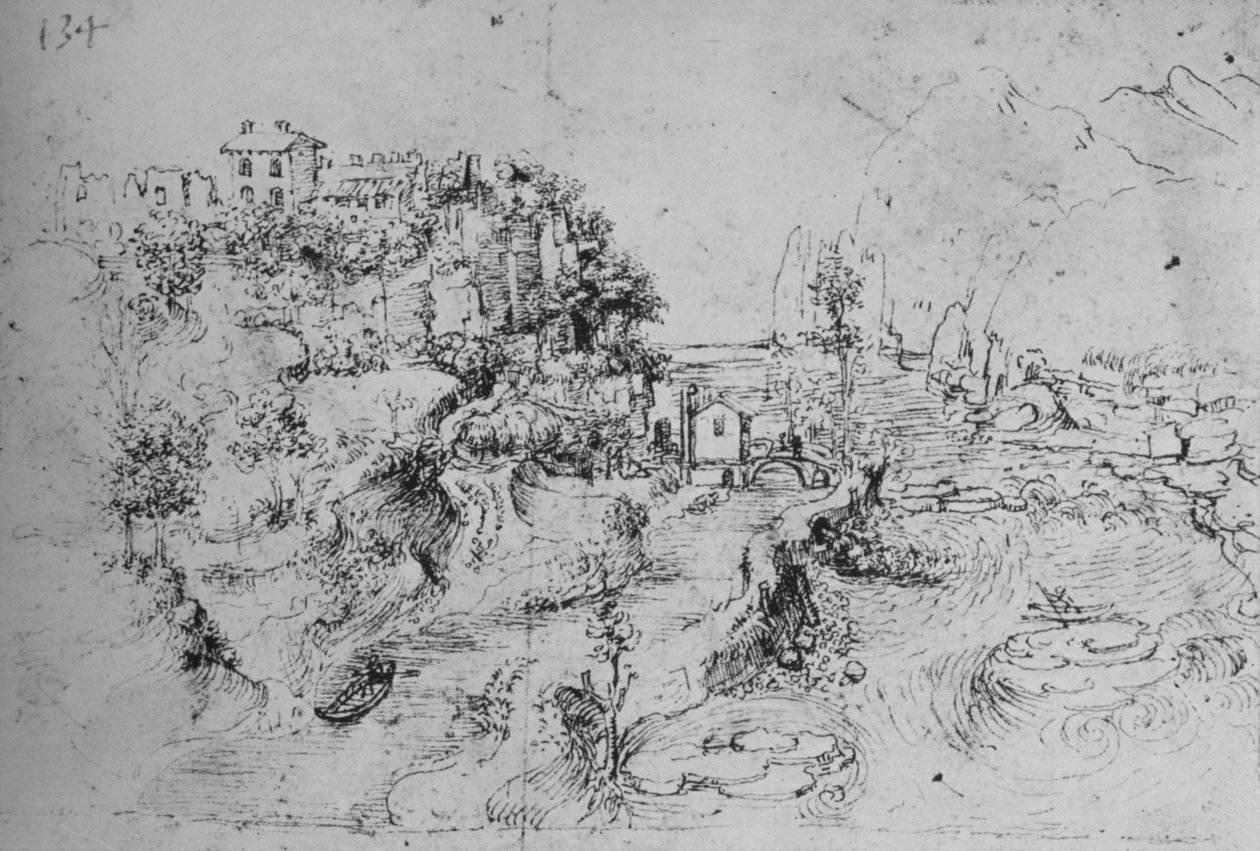 En flod med en kanal ved siden af og et slot på en bakke, c1480 1945 af Leonardo da Vinci