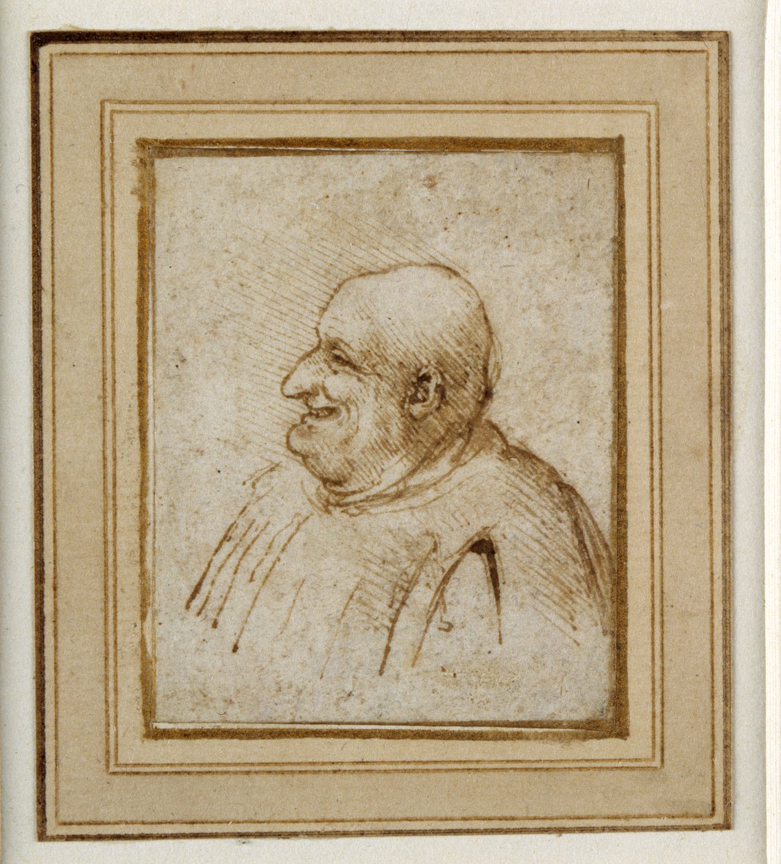 En karikatur (pen og blæk på papir) af Leonardo da Vinci