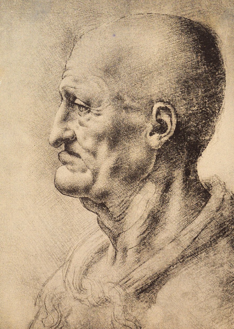 En mand vist i profil, tegning af Leonardo da Vinci, bevaret i rummet for tegninger og tryk, Uffizi-galleriet, Firenze. af Leonardo da Vinci