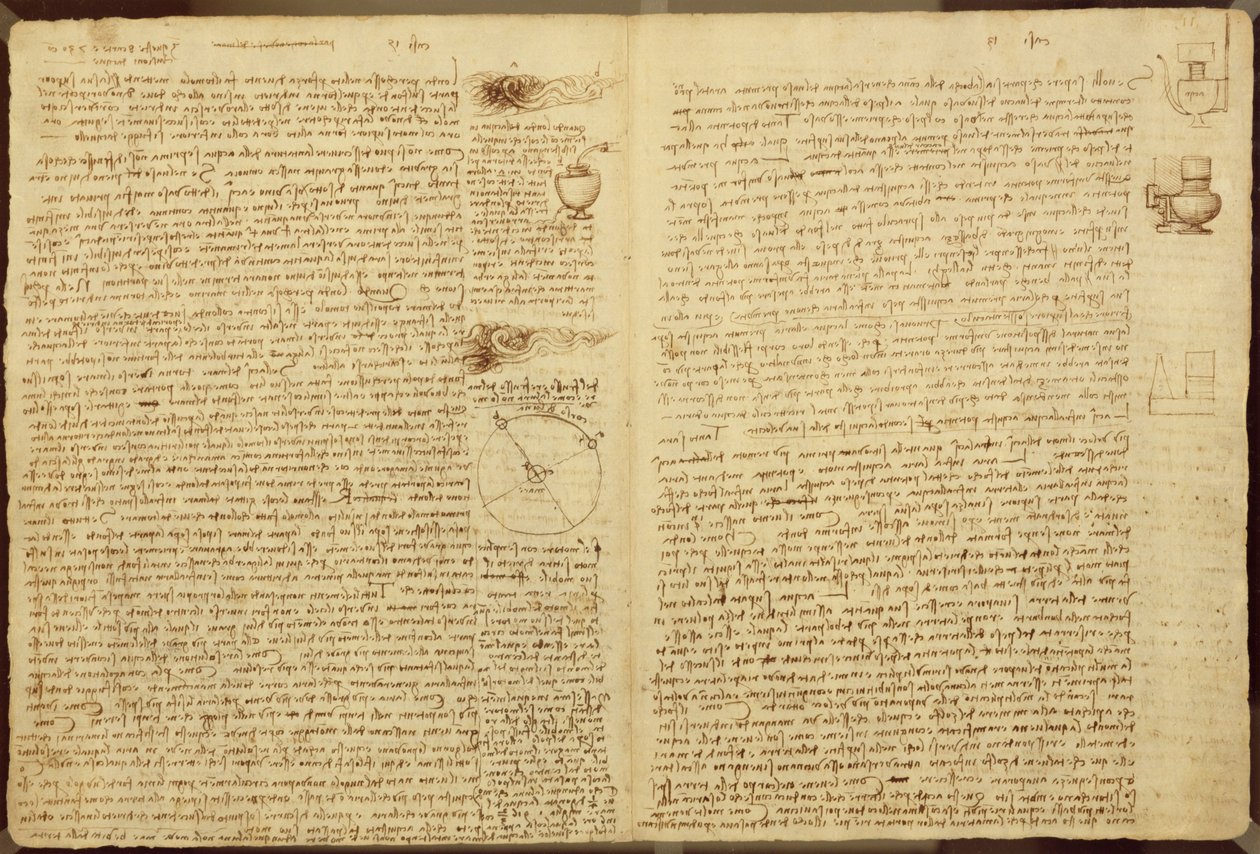En side fra Codex Leicester, 1508-12 (sepia blæk på hørpapir) af Leonardo da Vinci