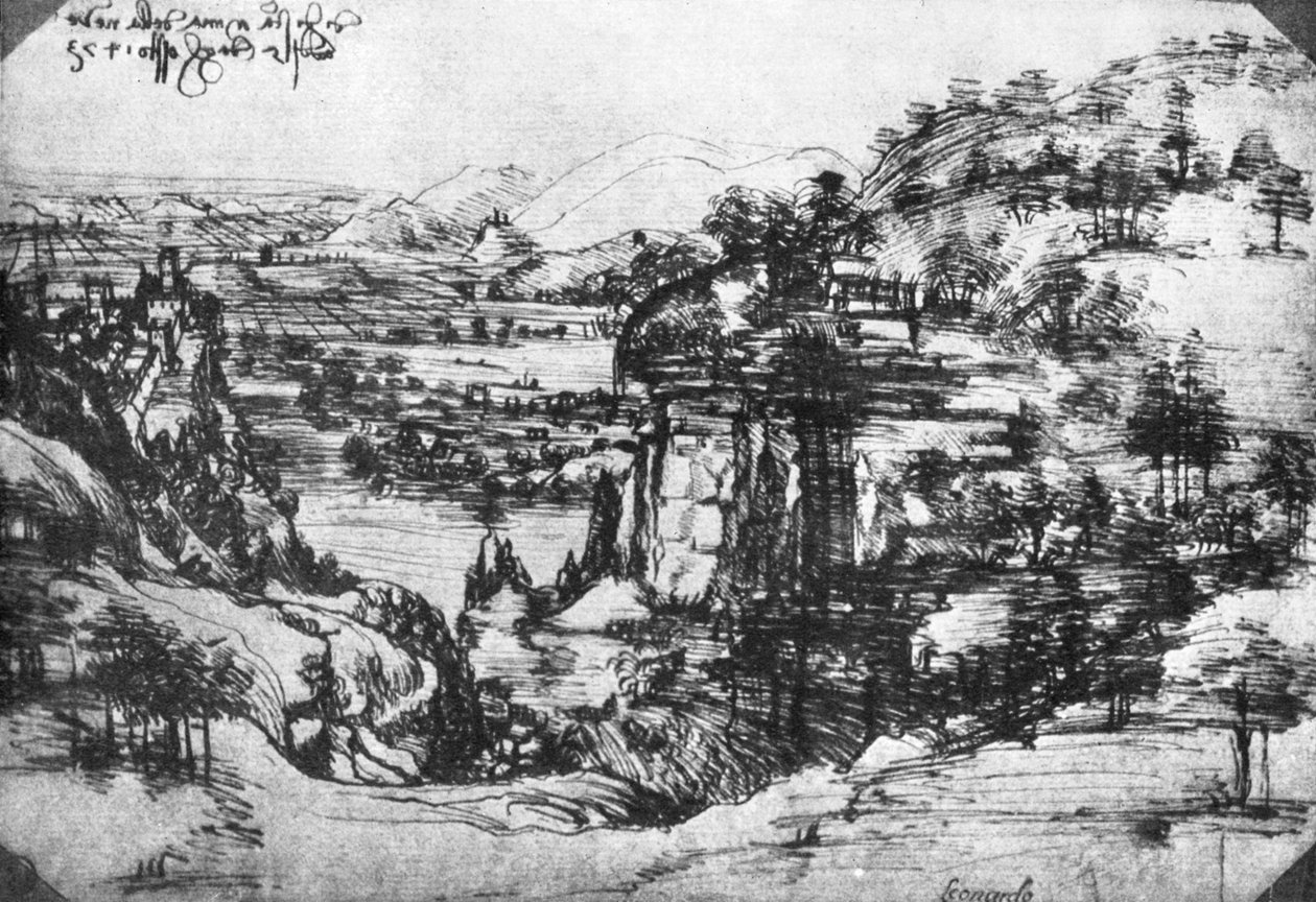 En skitse af landskabsudsigt, 1400-tallet 1930. af Leonardo da Vinci