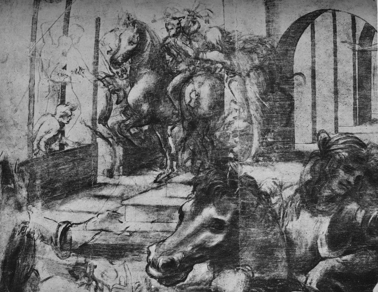 Tilbedelse af Magi - Arkitektur og figurer i baggrunden til venstre, c1481 1945 af Leonardo da Vinci
