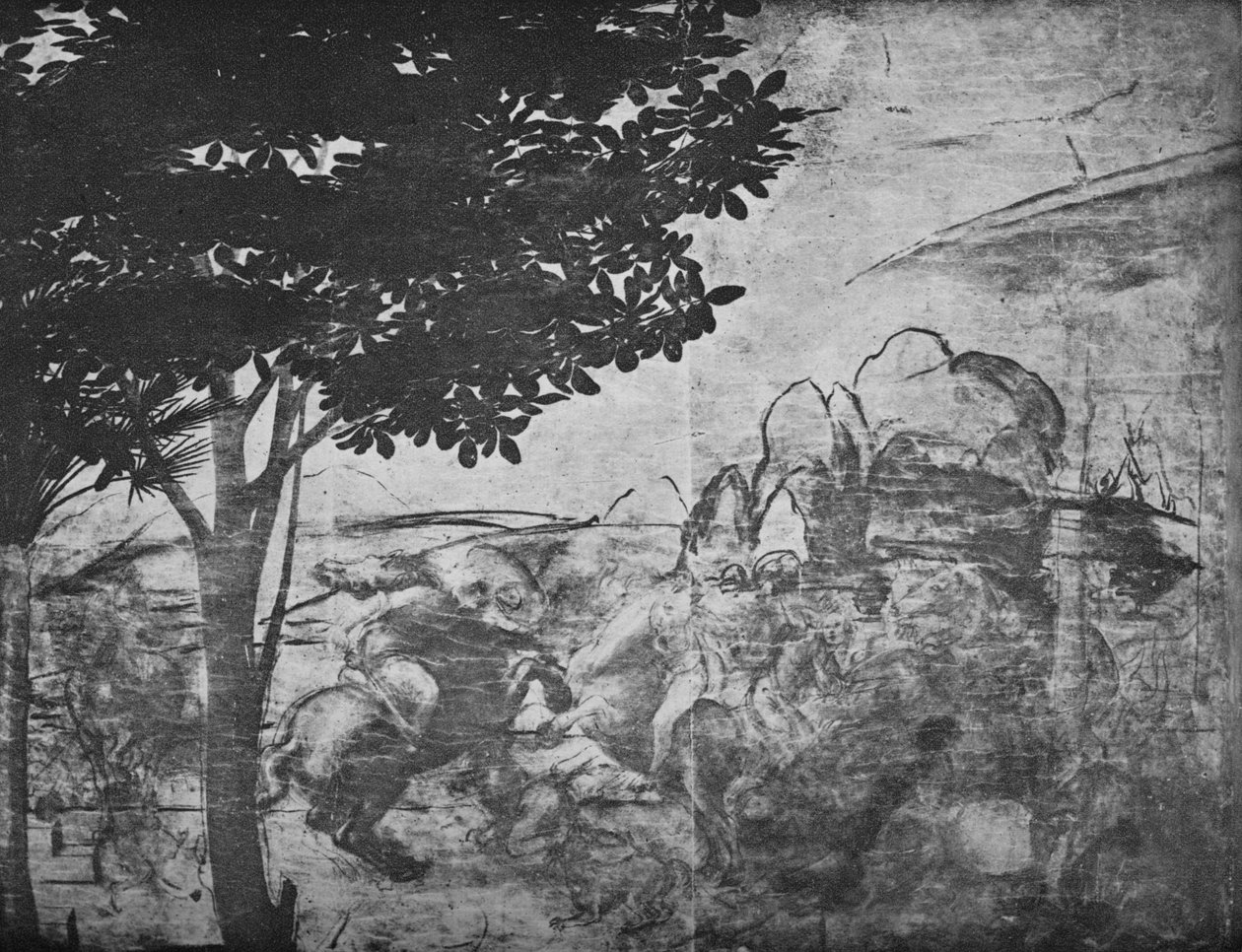 Adoration of the Magi - Slaget om ryttere i det fjerne til højre, c1481 1945 af Leonardo da Vinci