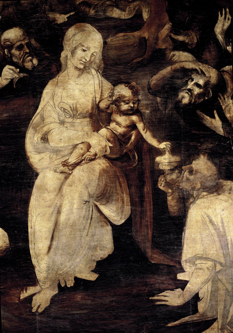 Tilbedelse af magi. Detalje af Jomfru Maria. (olie på træ af Leonardo da Vinci