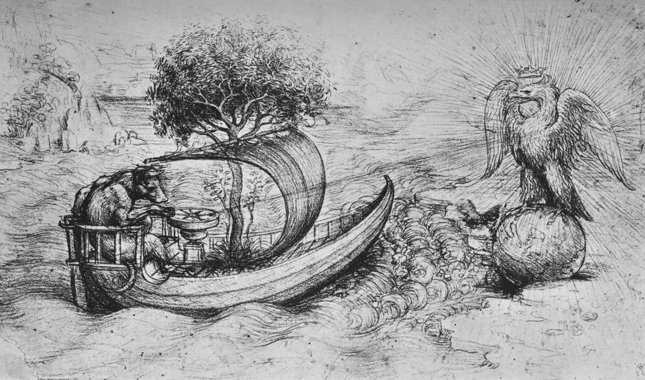 Allegori: En kronørn, der står på en globe og en ulv, der styrer en båd, c1480 1945 af Leonardo da Vinci