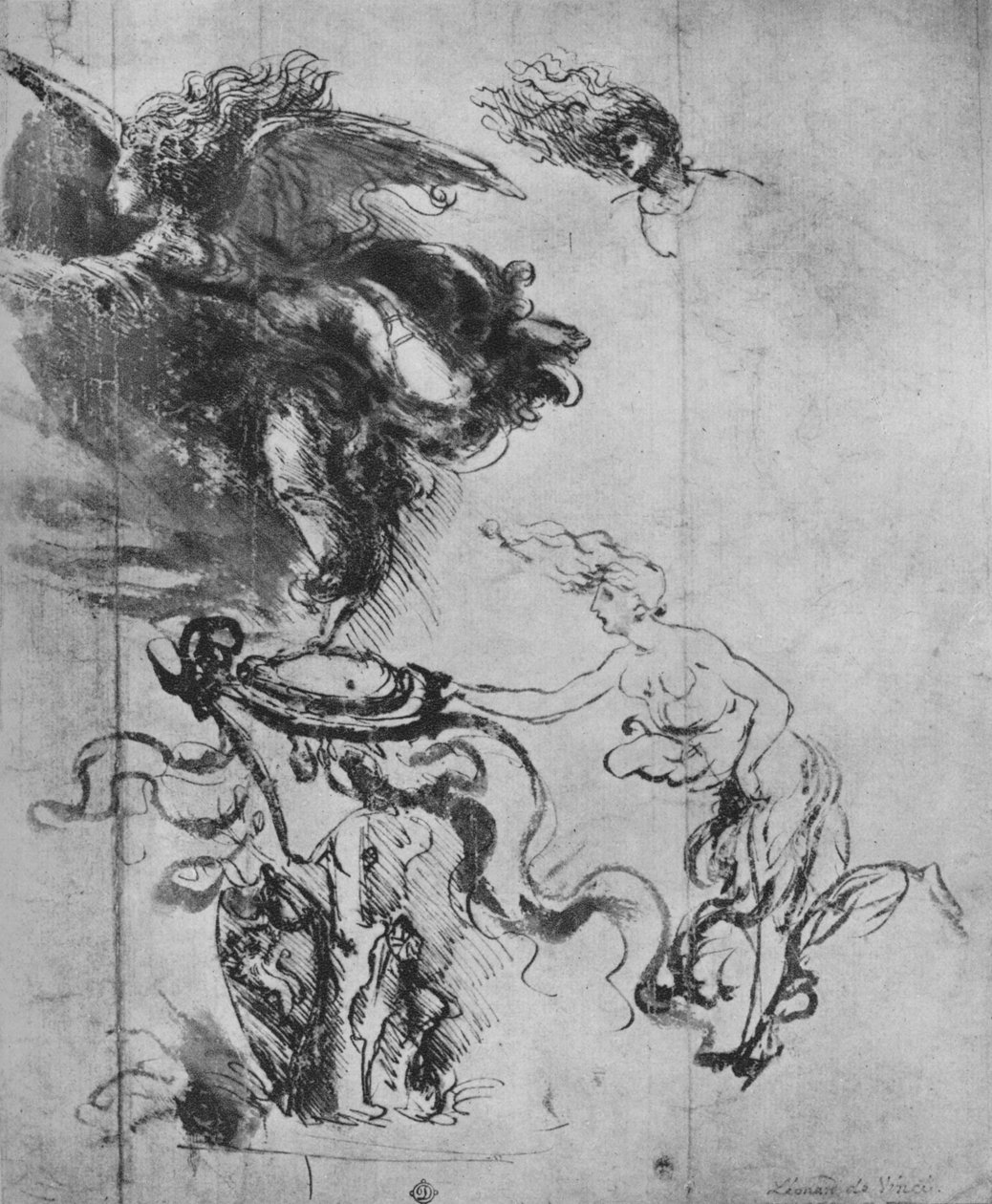 En engel placerer et skjold på et trofæ og separate studier af englen, c1480 1945 af Leonardo da Vinci