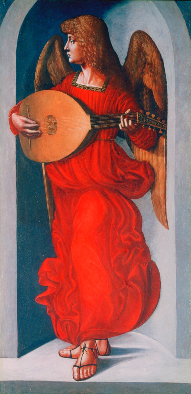 En engel i rødt med en lut, 1490-1499 af Leonardo da Vinci
