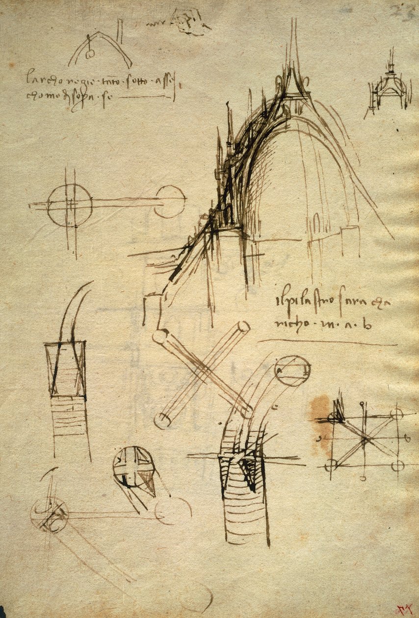Arkitektoniske detaljer og sektion af kuppel af Duomo i Milano, f41 af Code Trivulzianus af Leonardo da Vinci