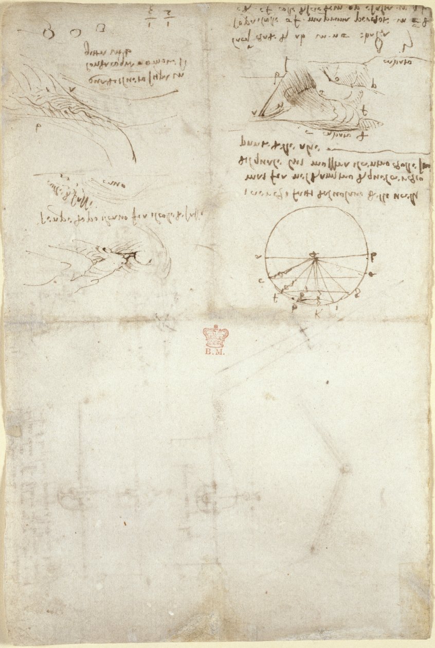 Arundel 263, f.126v Tre noter og skitser om vand; et diagram over fuglenes flugt, ca. 1500-5 (pen og blæk på papir) af Leonardo da Vinci