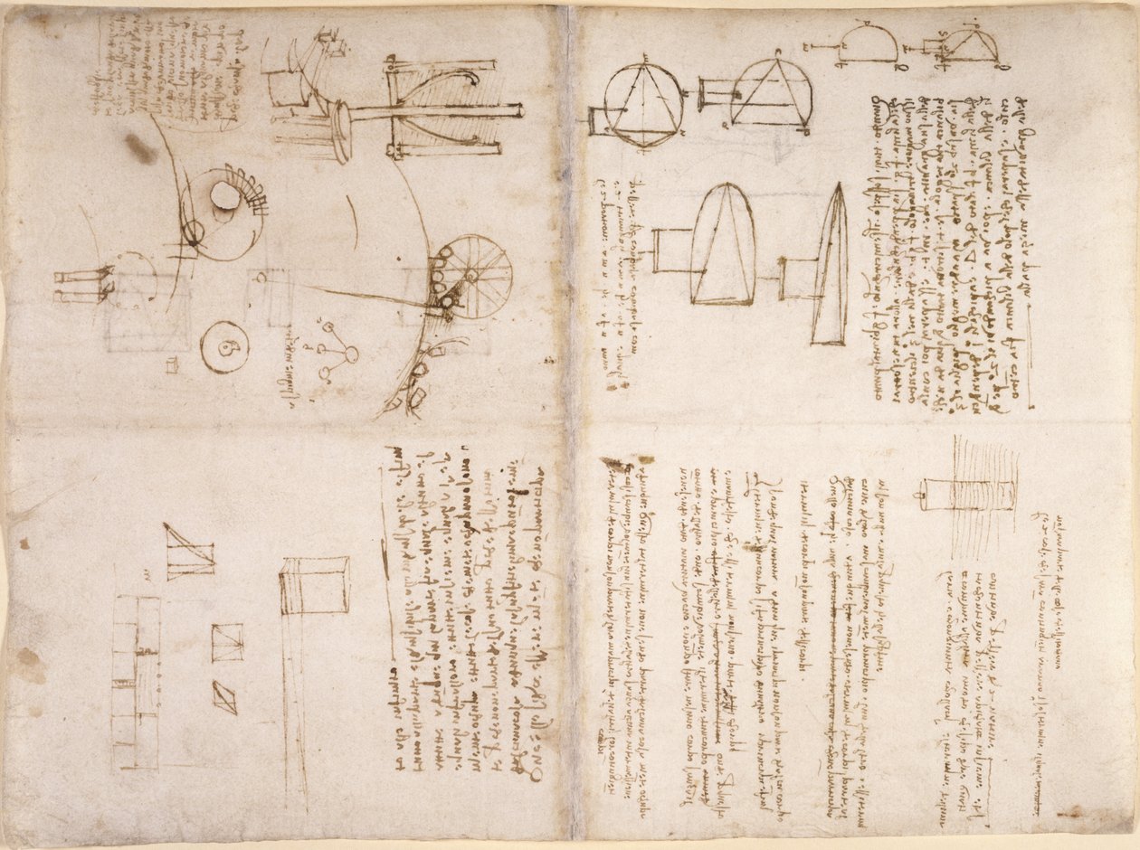 Arundel 263, f.133v, f.130r, Noter, skematiske skitser og diagrammer fra 