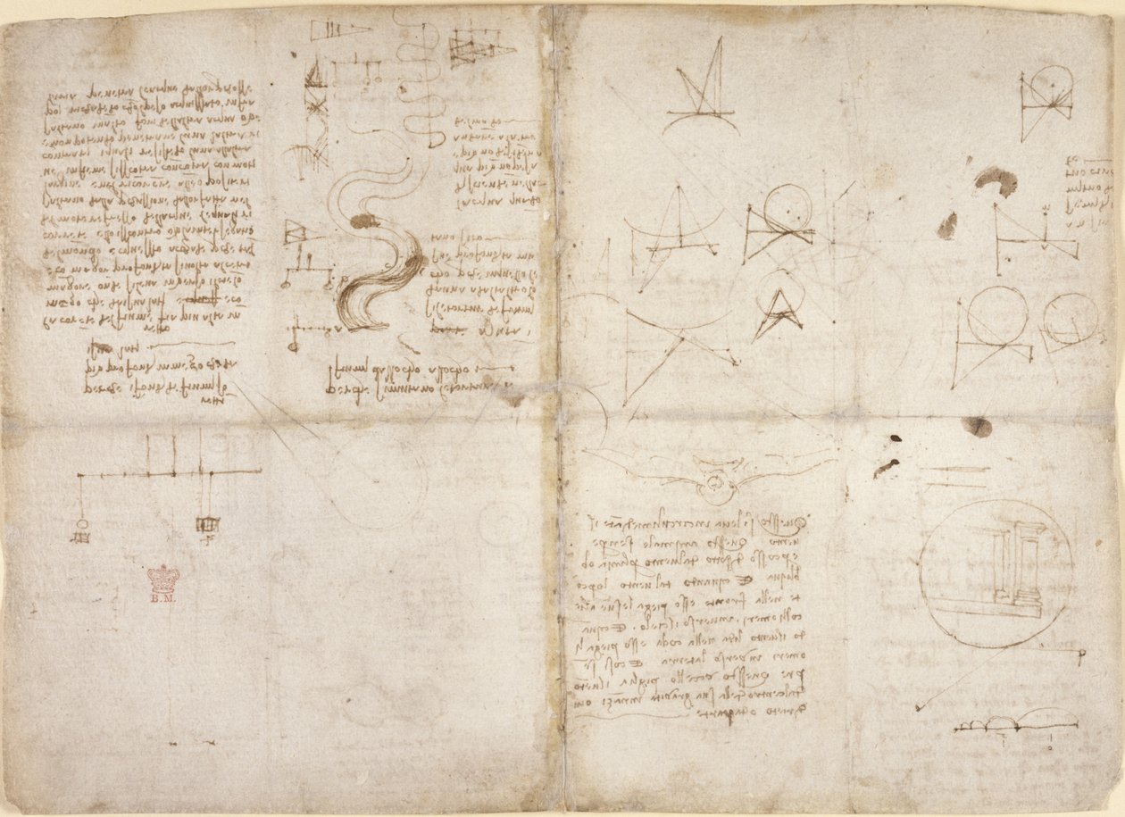 Arundel 263, f.135v, f.134, Noter og diagrammer om mekanik; noter og skematiske skitser om flodløb og vandløb, fra 