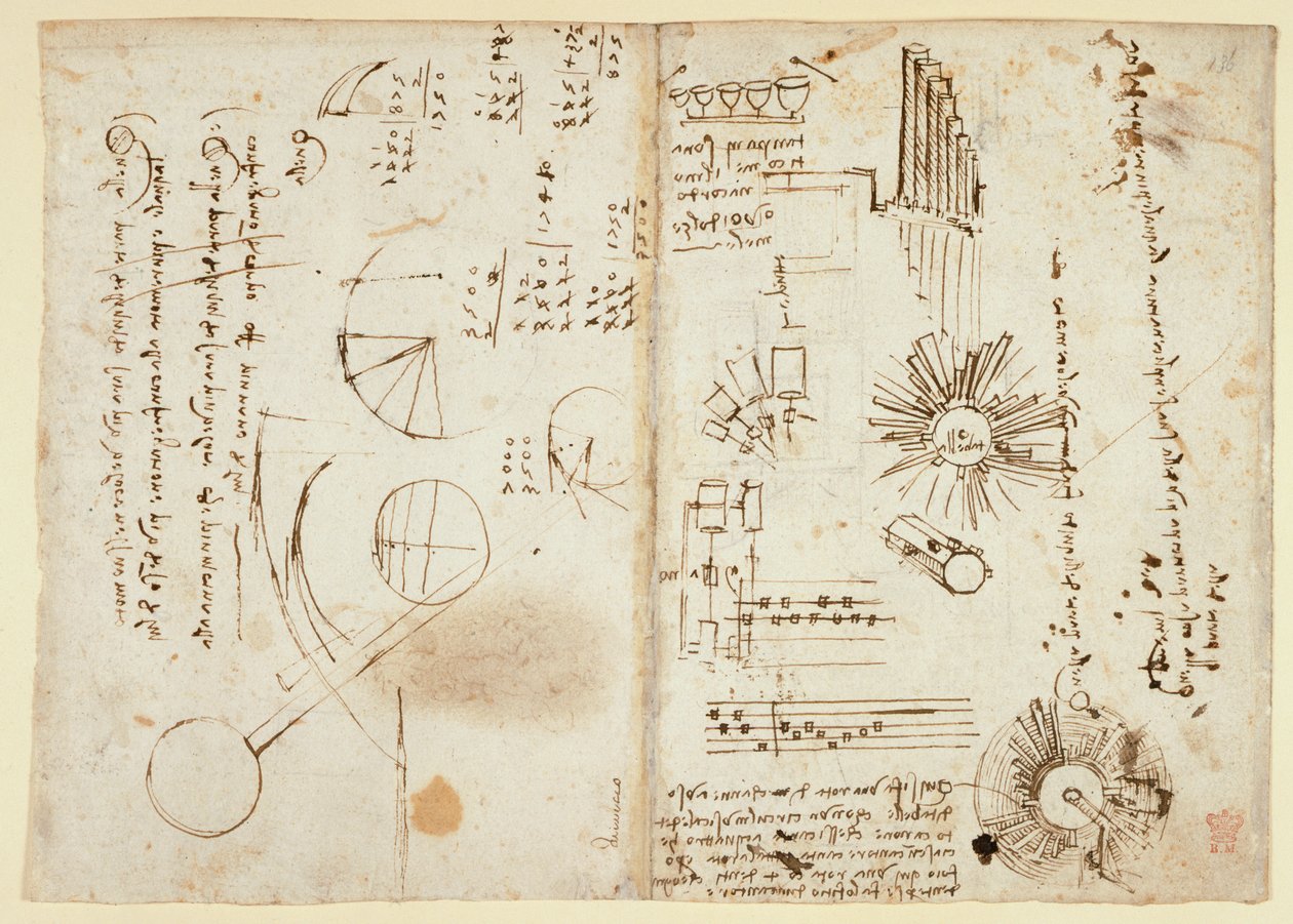 Arundel 263 f.137v, f.136 Noter og rudiagrammer (side-on); matematiske beregninger (side-on), fra 