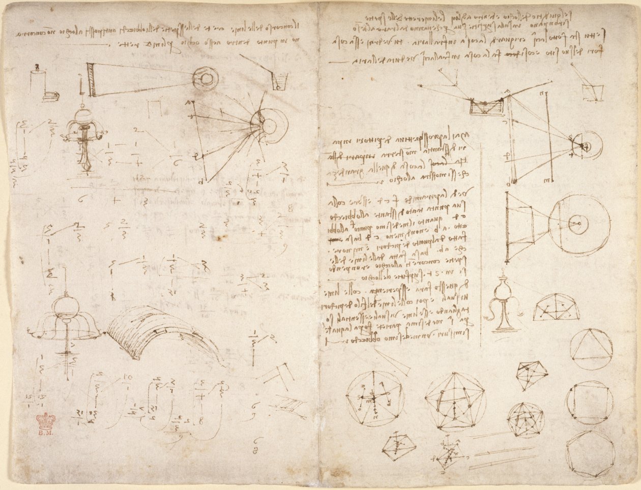 Arundel 263, f.221v, f.220 Noter, diagrammer og skitser fra 