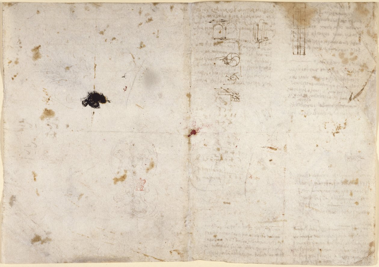 Arundel 263, f.225v, f.230 Tegninger på de mekaniske kræfter og kræfter, slagtøj, tyngdekraft, bevægelse, optik og astronomi, med forskellige aritmetiske og geometriske forslag (pen & blæk på papir) af Leonardo da Vinci
