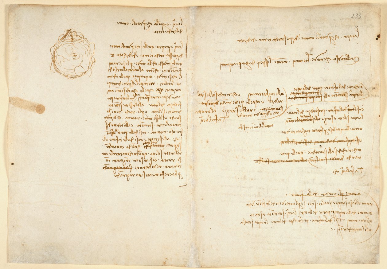 Arundel 263 f.236v, f.233 Noter om vand; skitse, der illustrerer jordkloden, fra 