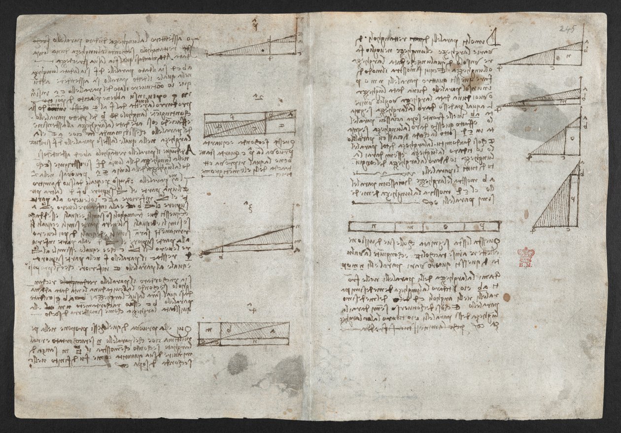 Arundel 263, f.246v Tegninger på de mekaniske kræfter og kræfter, slagtøj, tyngdekraft, bevægelse, optik og astronomi, med forskellige aritmetiske og geometriske forslag, illustration fra Leonardos 
