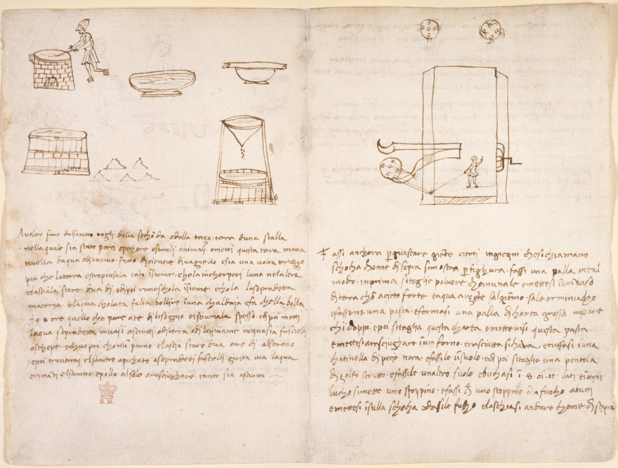 Arundel 263, f.259v, f.260 Noter og grove skitser om processen med at fremstille salpeter til at forberede krudt (ikke i Leonardos hånd) (pen og blæk på papir) af Leonardo da Vinci