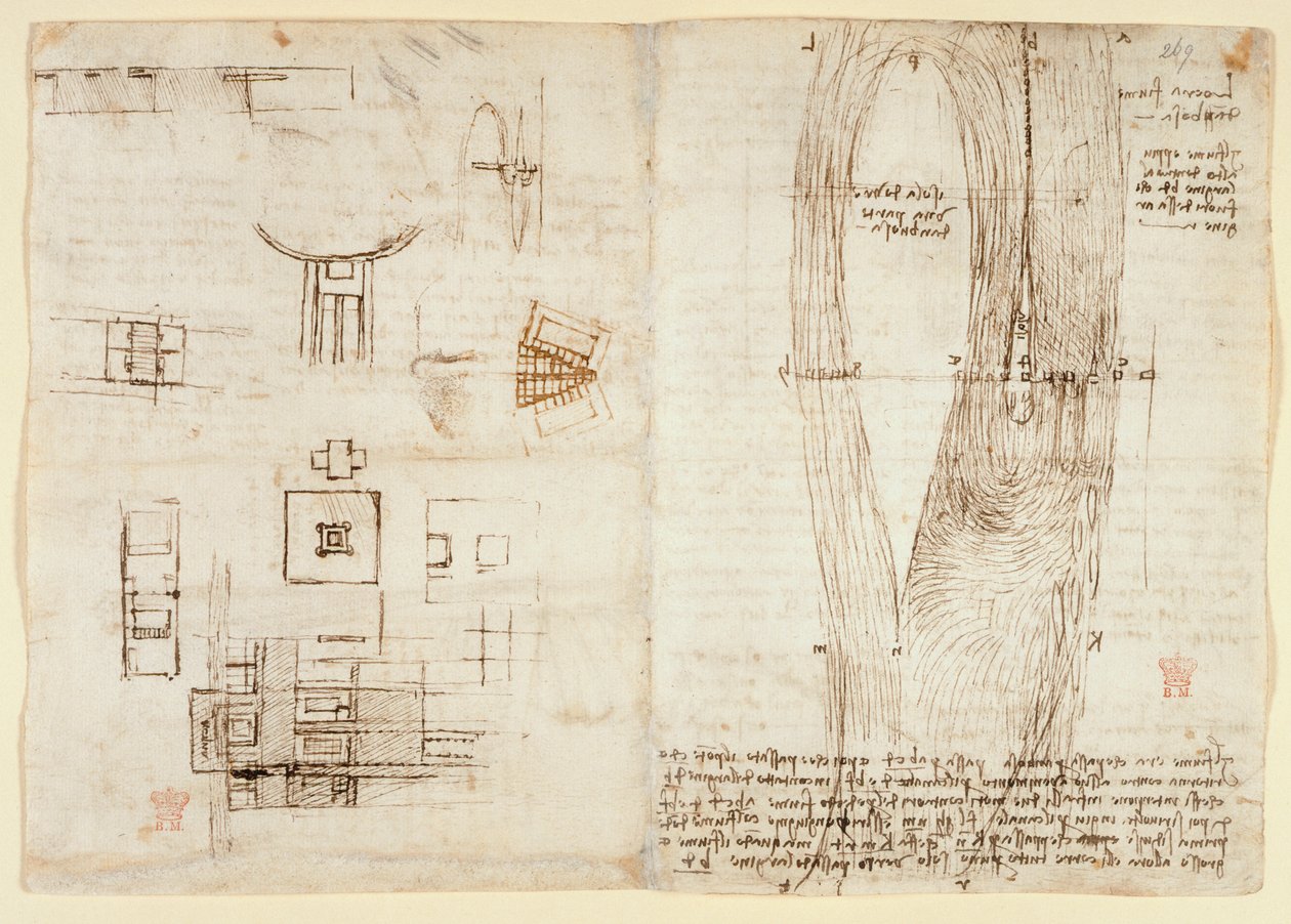 Arundel 263, f.264v Tegner på de mekaniske kræfter og kræfter, slagtøj, tyngdekraft, bevægelse, optik og astronomi, med forskellige aritmetiske og geometriske udsagn. af Leonardo da Vinci