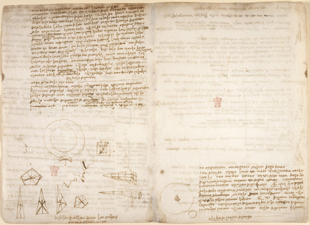 Arundel 263, f.266v, f.267 Noter om kosmologi (på hovedet); diagrammer, der illustrerer Leonardos observationer af tyngdepunktet, fra 