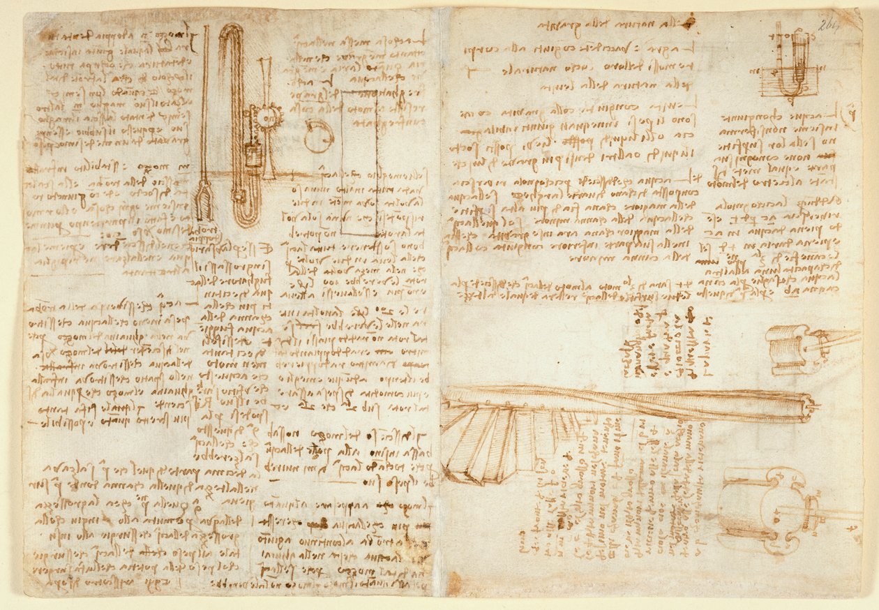 Arundel 263 f.269v, f.264 Noter og skitse på en hydraulisk enhed, fra 