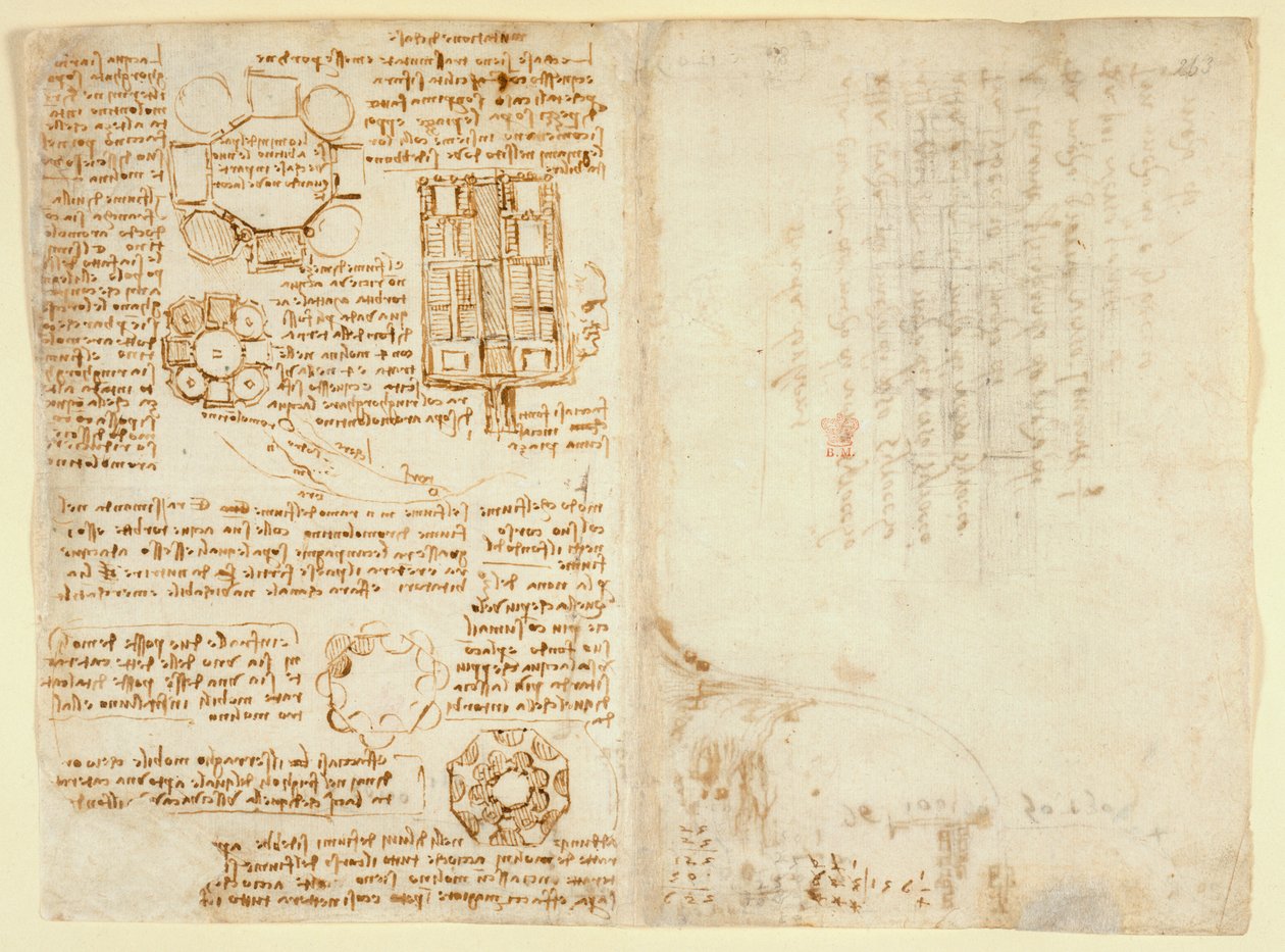 Arundel 263 f.270v, f.263, Tegninger af Leonardo Da Vinici om de mekaniske kræfter og kræfter, slagtøj, tyngdekraft, bevægelse, optik og astronomi, med forskellige aritmetiske og geometriske forslag (pen og blæk på papir) af Leonardo da Vinci