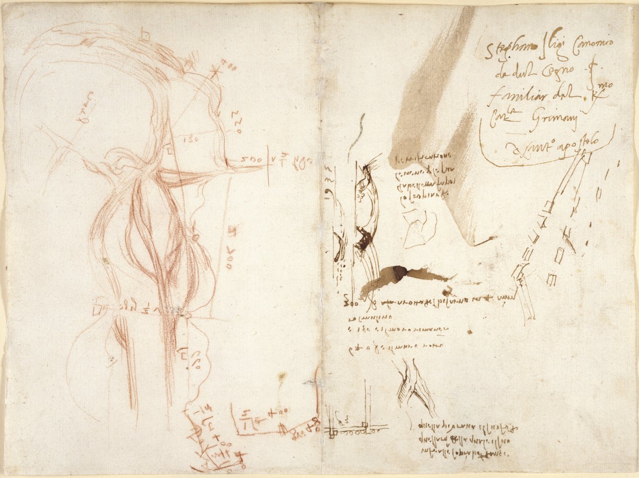 Arundel 263, f.275v, f.274 Planimetrisk skitse af floden Arno; noter om afstande og retninger af Leonardo da Vinci