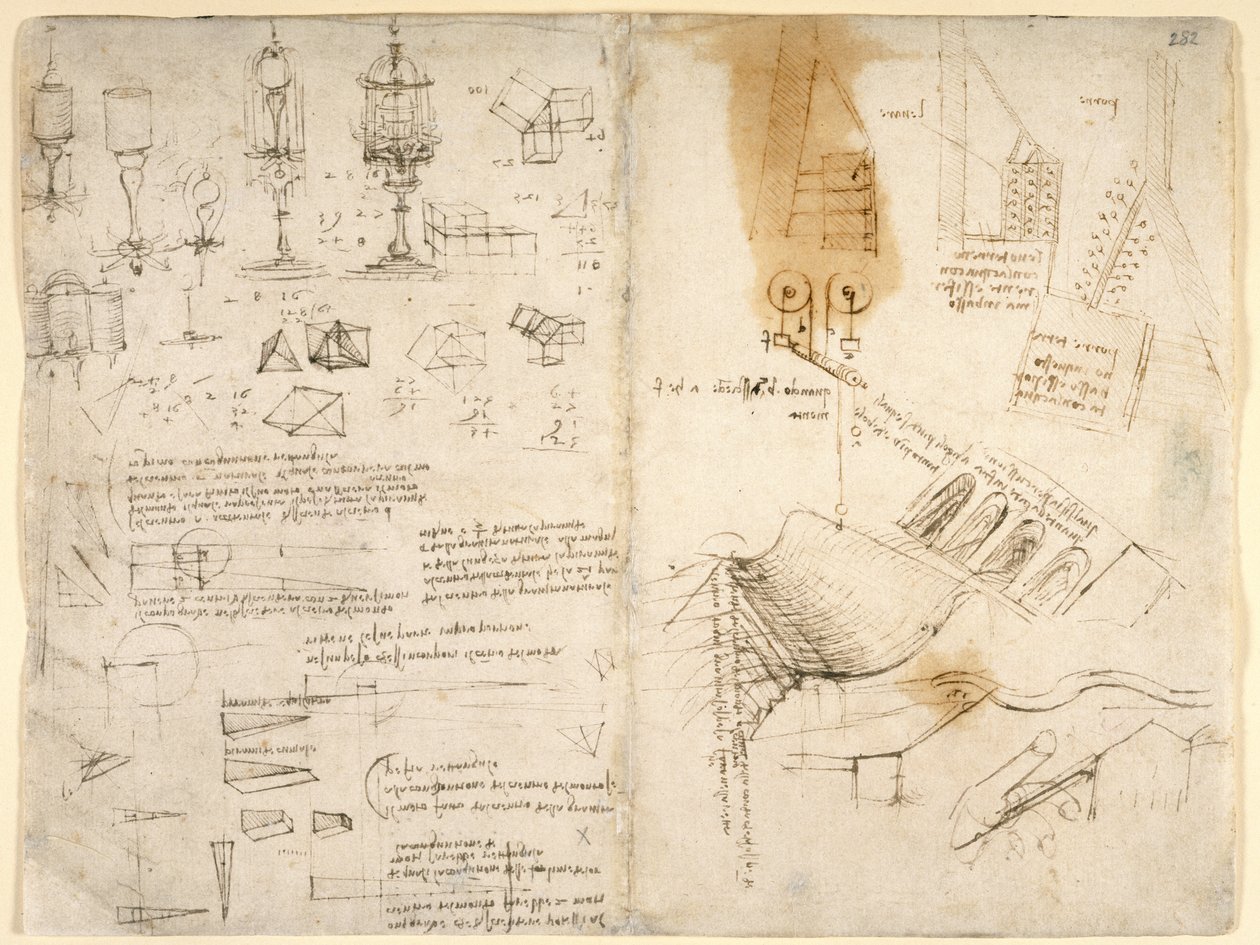 Arundel 263, F.283V, F.282 Skitser af hængslede lamper; noter om mekanik; Matematiske beregninger; Geometriske skitser (pen & blæk på papir) af Leonardo da Vinci