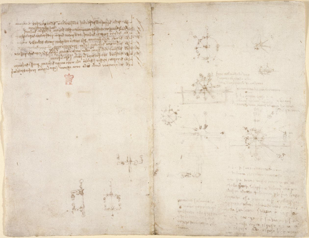 Arundel 263, f.35v, f.34 Tegninger på de mekaniske kræfter og kræfter, slagtøj, tyngdekraft, bevægelse, optik og astronomi, med forskellige aritmetiske og geometriske udsagn. af Leonardo da Vinci