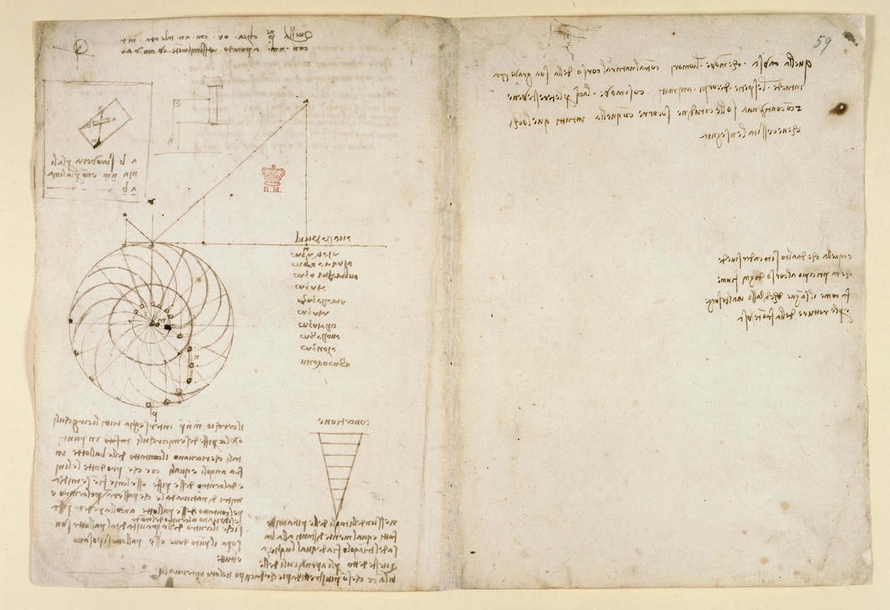 Arundel 263, f.44v, f.59 En skitse af et øje og en næse af et ansigt i profil; noter om vand, fra 