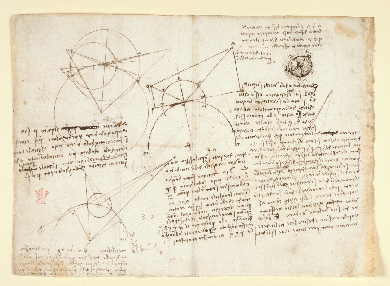 Arundel 263, f.64v Bagsiden af et enkelt stort blad, tidligere indbundet langs højre kant og foldet ind i notesbogen. Noter og diagrammer om optik, vedrørende Alhazens problem; skematisk skitse af et øjeæble ledsaget af noter vedrørende L af Leonardo da Vinci