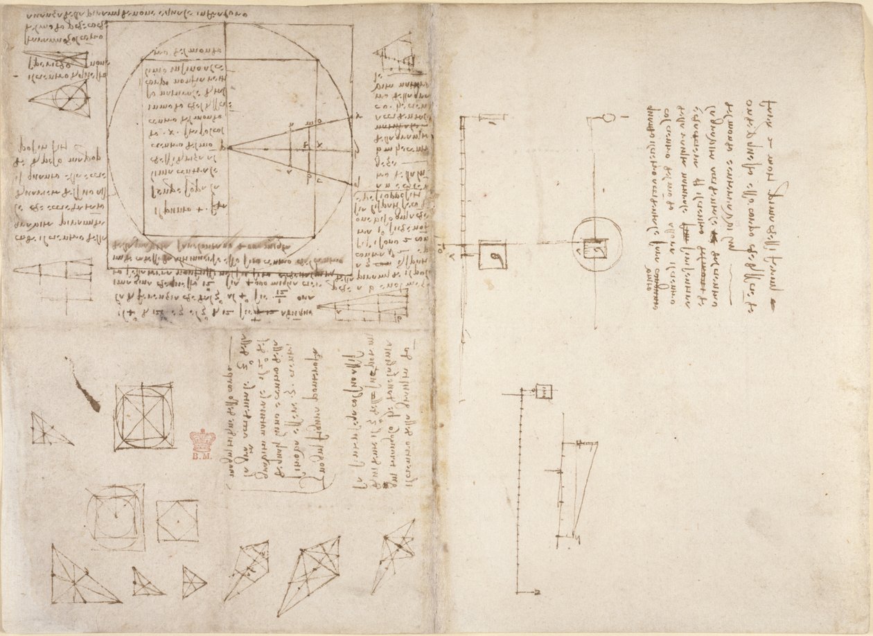 Arundel 263, f.72v, f.69 Noter og diagrammer om mekanik og tyngdepunktet, fra 