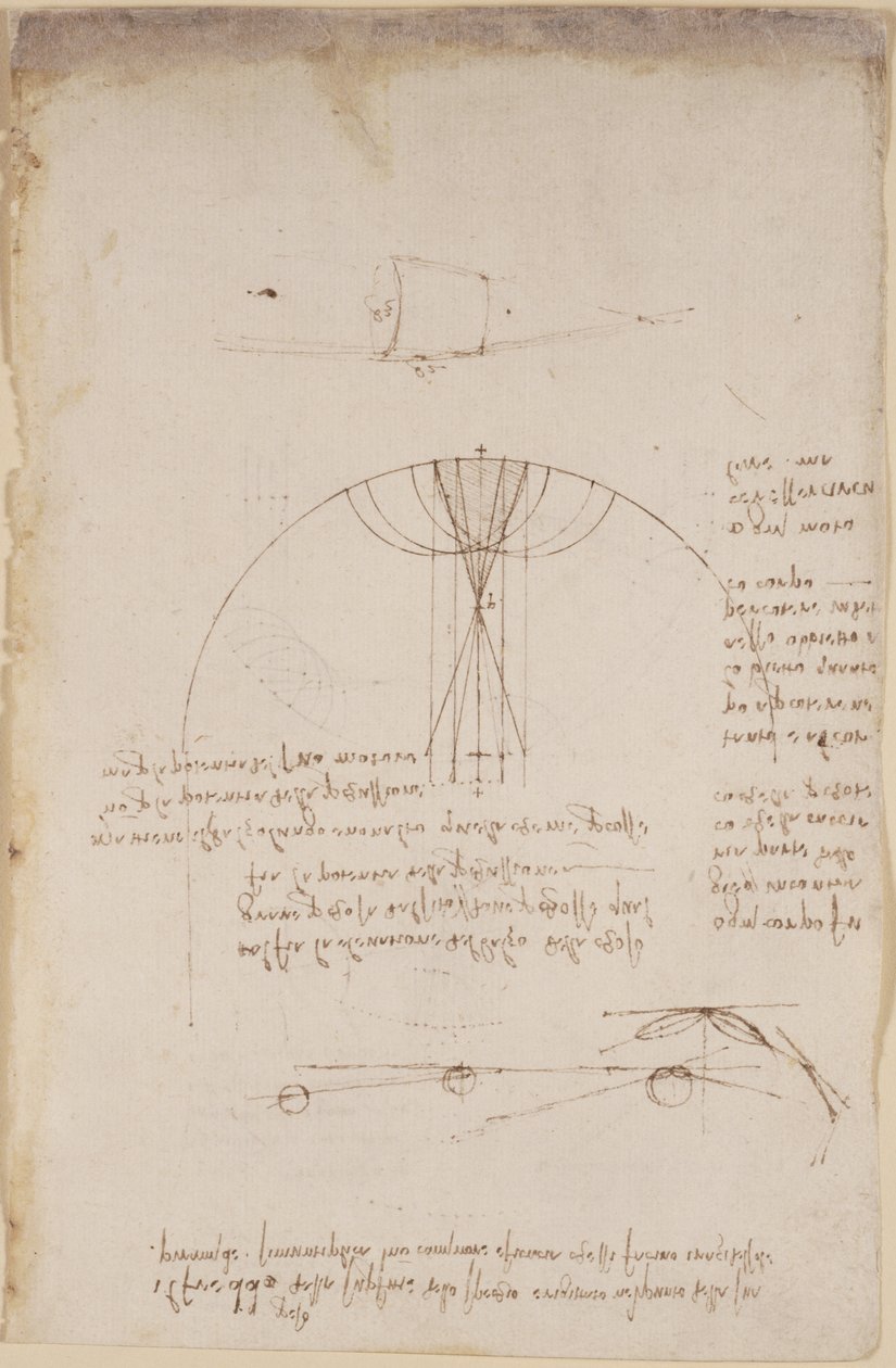 Arundel 263, f.85 Diagrammer over optik, angående refleksionens kaustik; note og skitse om mekanik, om slagtøjets kraft og med referencer til det aristoteliske princip 