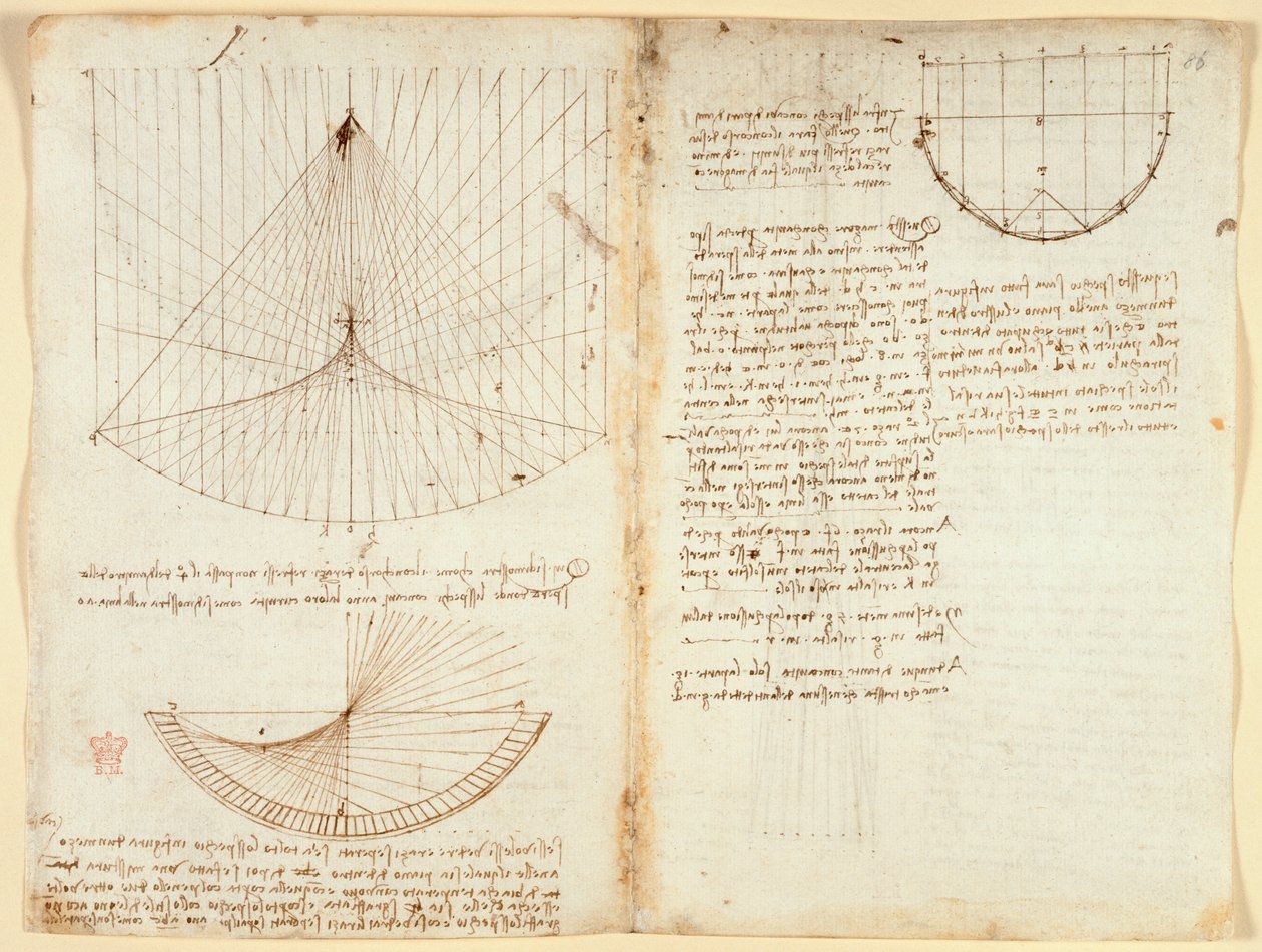 Arundel 263 f.87v, f.86 Noter og diagram om optik, vedrørende refleksionens kaustik, c.1503-5 (pen og blæk på papir) af Leonardo da Vinci