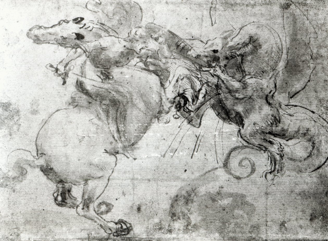 Kamp mellem en rytter og en drage, ca. 1482 (tegning med stylus, pen og pensel på papir) af Leonardo da Vinci