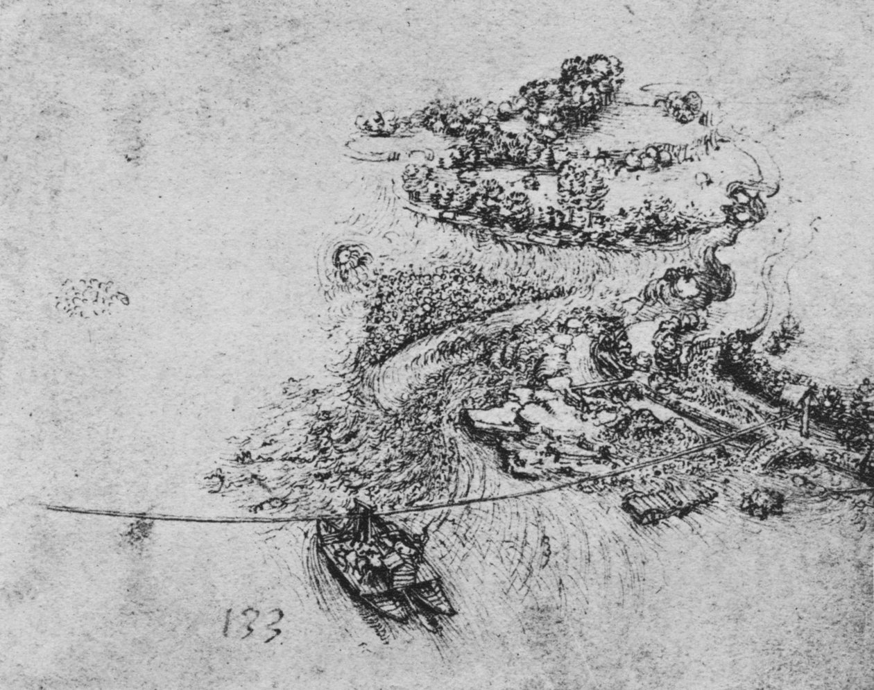 Fugleperspektiv af en flod med en rebfærge, c1480 1945 af Leonardo da Vinci