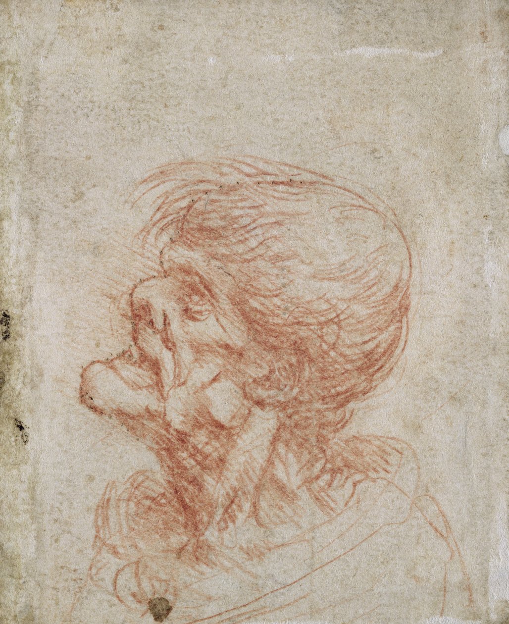 Karikaturhovedstudie af en gammel mand, ca. 1500-05 (rødt kridt på papir) af Leonardo da Vinci