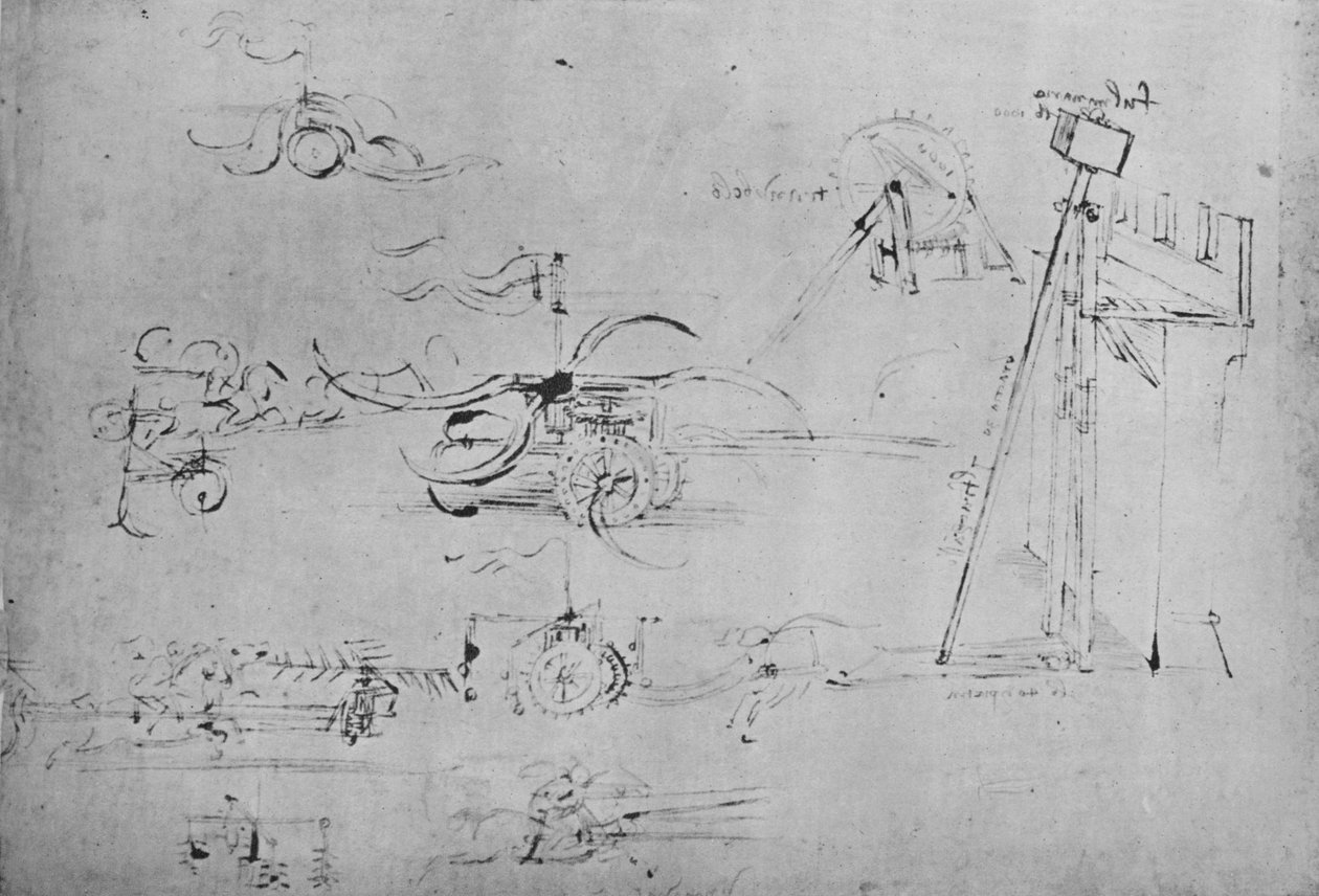 Vogne bevæbnet med le og slagler og rytter med tre lanser, c1480, 1945 af Leonardo da Vinci