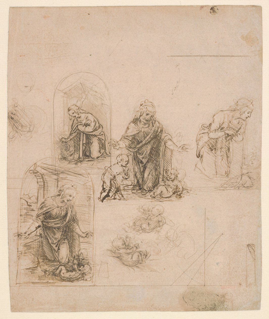 Kompositionsskitser til Jomfruen, der tilbeder Kristusbarnet, 1480-85 (sølvspids) af Leonardo da Vinci