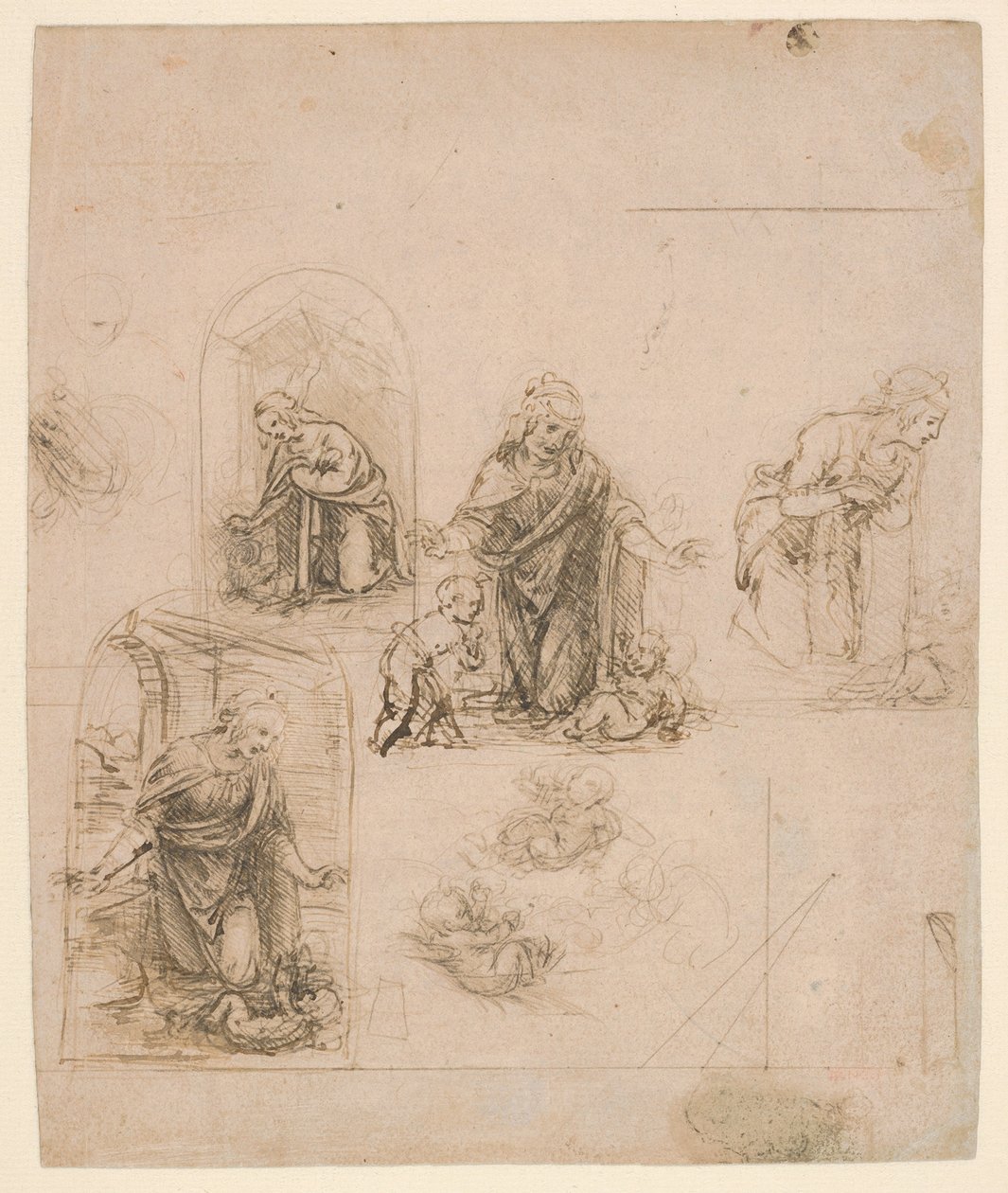 Kompositionsskitser til Jomfruen, der tilbeder Kristusbarnet, med og uden den lille Johannes Døber; diagram over en perspektivisk projektion (forside); lette kruseduller (bagside) af Leonardo da Vinci