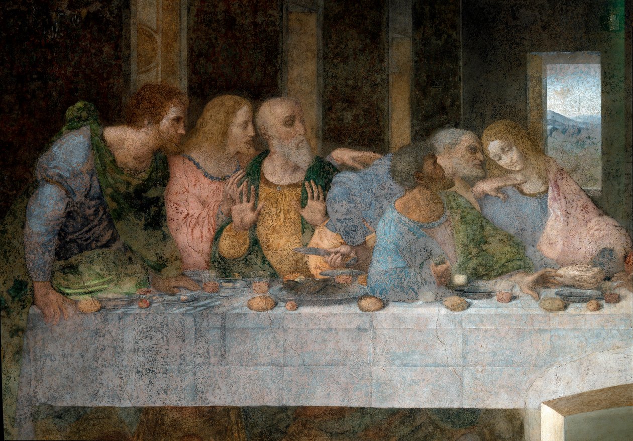 Detalje af den sidste nadver repræsenterende fra venstre mod højre Skt. Barthelemy, Jakob, søn af Alpheus, Andreas, Judas, Peter og Johannes. 1495 - 1498. Fresco af Leonardo da Vinci. Refektoriet Santa Maria delle gra af Leonardo da Vinci