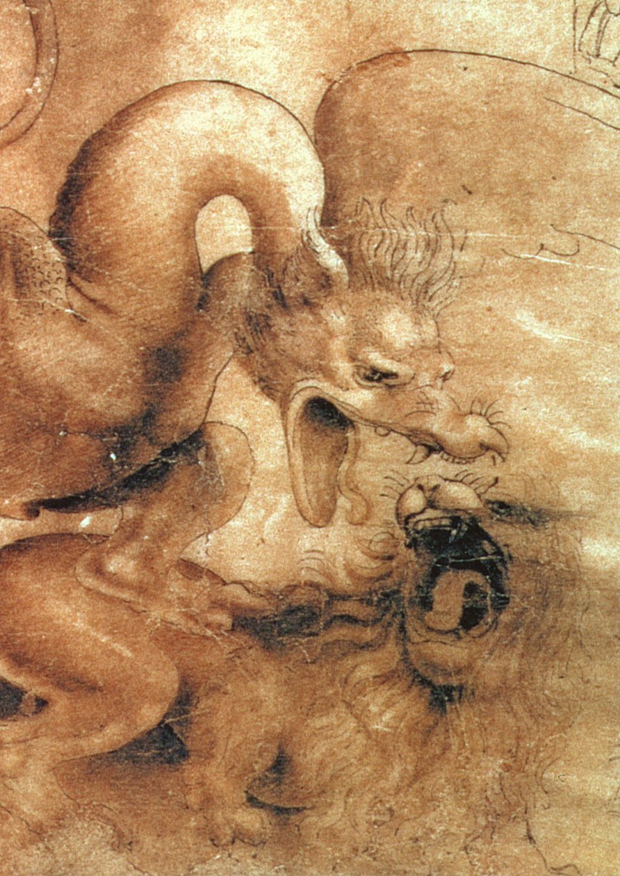 Detalje af dragen fra tegningen Kamp mellem en drage og en løve brunt blæk med vask på papir af Leonardo da Vinci