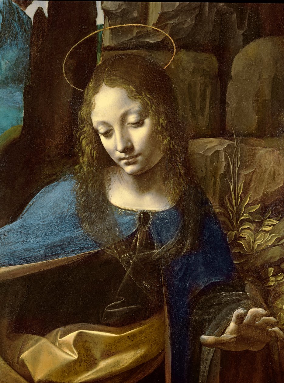Detalje af Jomfruens hoved, fra Jomfruen på klipperne (Jomfruen med det lille barn Sankt Johannes tilbeder Kristusbarnet ledsaget af en engel), detalje, ca. 1508 af Leonardo da Vinci