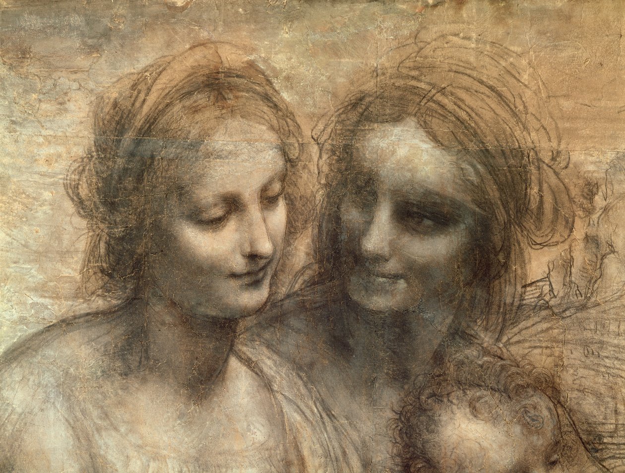 Detalje af Jomfruens og St. Annes Hoveder, fra Jomfruen og Barnet med SS. Anne og Johannes Døberen, ca. 1499 (kul og hvidt kridt på papir, monteret på lærred) af Leonardo da Vinci