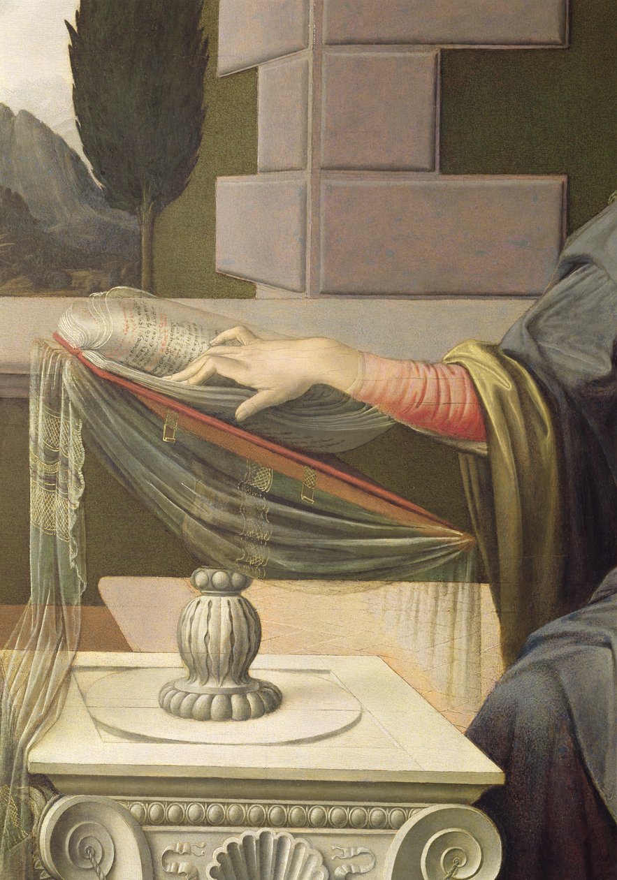Detalje af Jomfru Maria, fra bebudelsen, 1472-75 olie på panel efter restaurering af Leonardo da Vinci