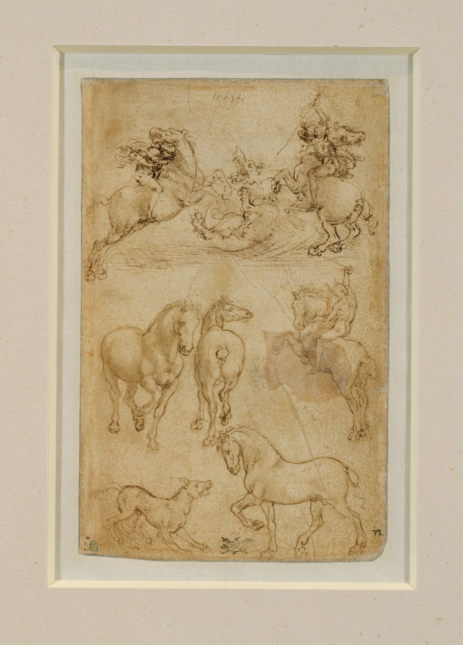 To ryttere kæmper mod en drage; en rytter og to heste; en hund og en hest ... af Leonardo da Vinci
