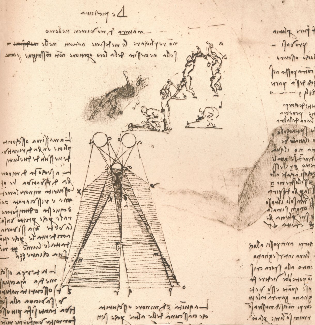 Diagram, der illustrerer teorien om lys og skygge og skitser af figurer, c1472-c1519 1883 af Leonardo da Vinci