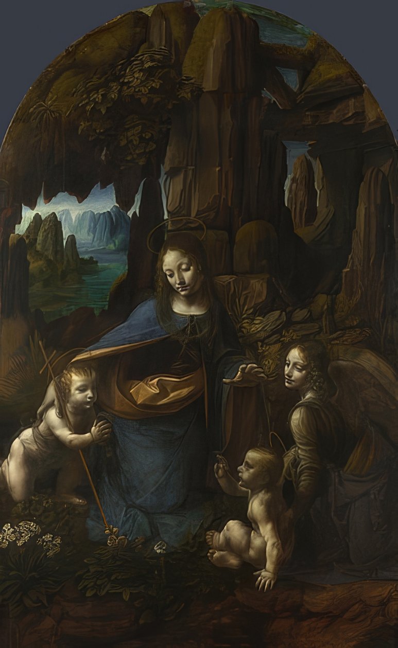 Klippemadonnaen (til alteret i San Francesco i Milano). Omkring 1491/92-99 og 1506-08 af Leonardo da Vinci