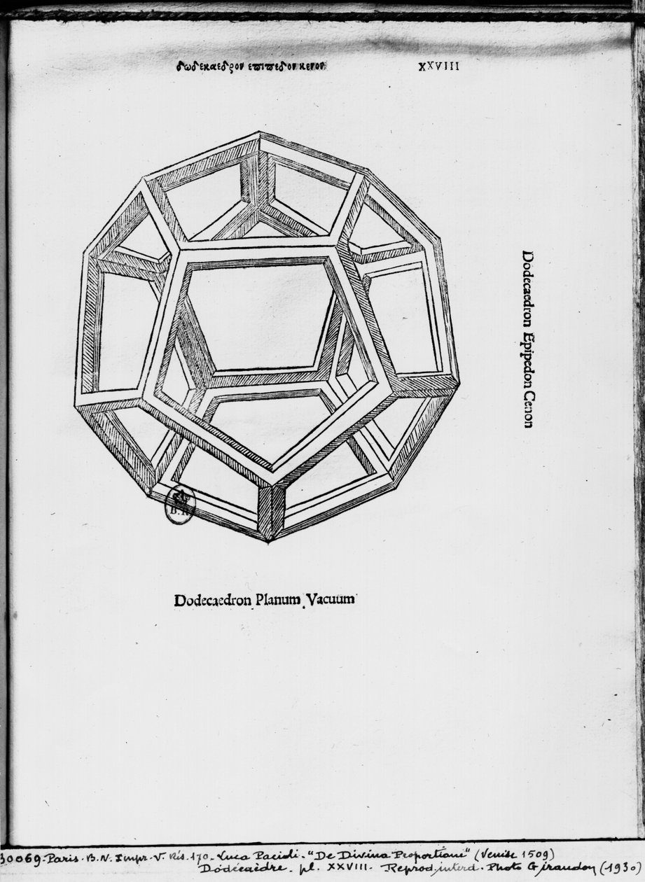 Dodekaeder, fra "De Divina Proportione" af Luca Pacioli, udgivet 1509, Venedig af Leonardo da Vinci