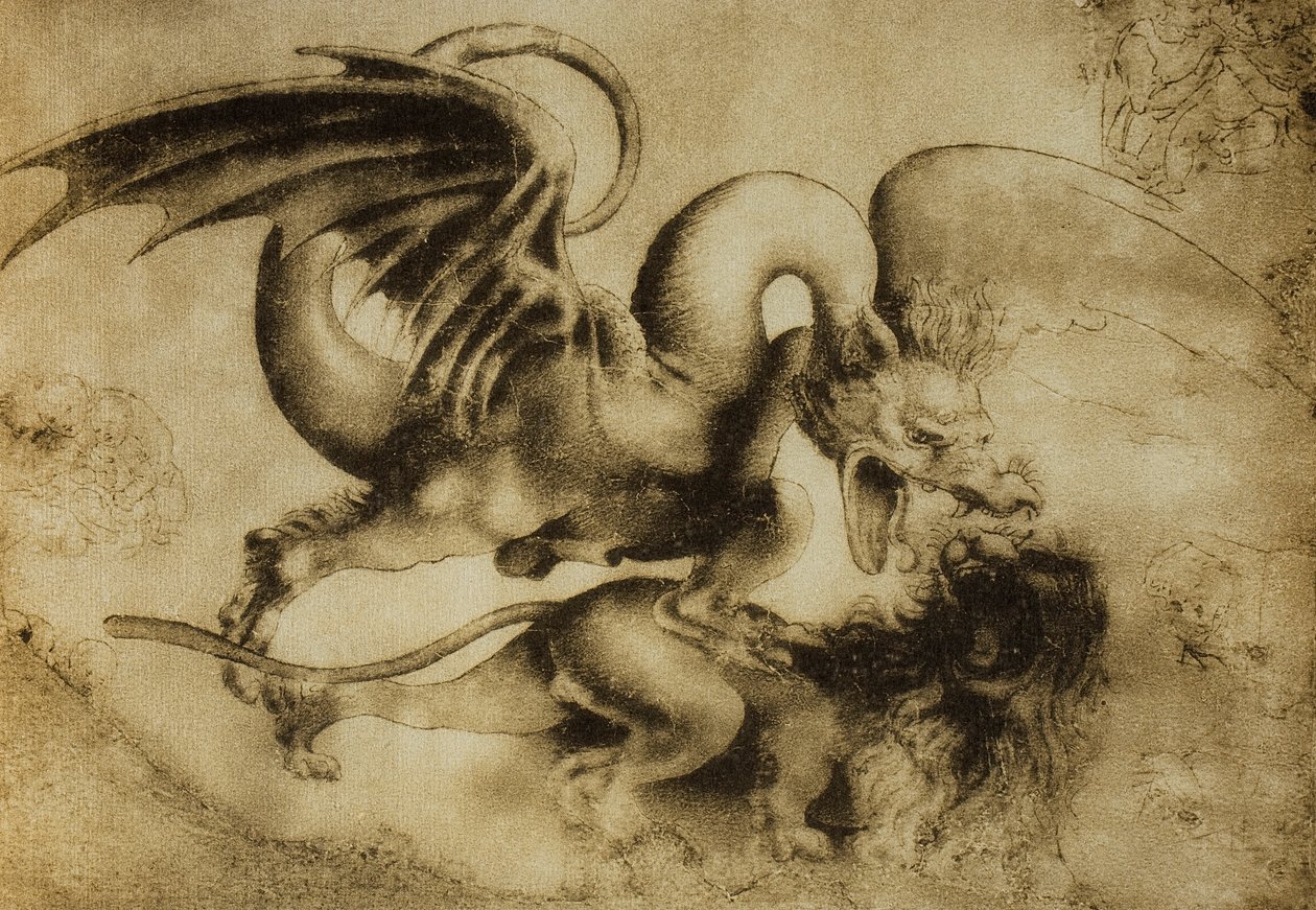 Drage dræber en løve, tegning af Leonardo da Vinci. Kabinet for tegninger og tryk, Uffizi Gallery, Firenze af Leonardo da Vinci