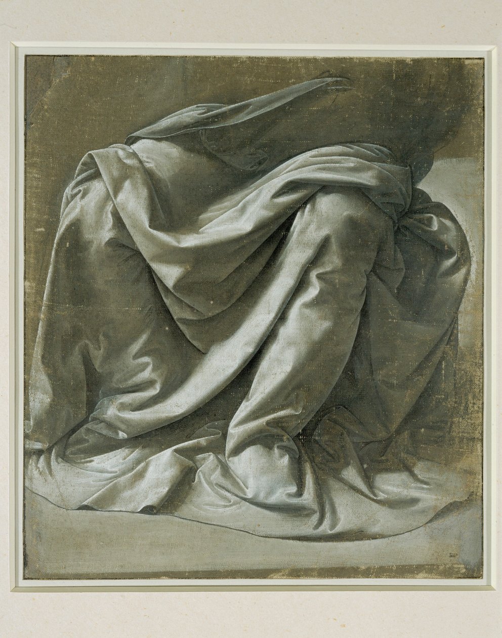 Draperi til en siddende figur, pensel og grå tempera, hvide highlights på gråt præpareret hørlærred ... af Leonardo da Vinci